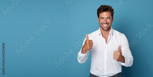 portrait of handsome businessman entrepreneur showing thumbs up on blue background, advertising promotion banner