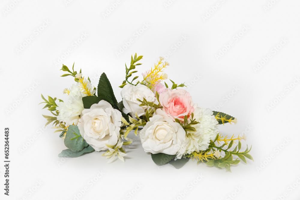 Plastic flowers on a white  background