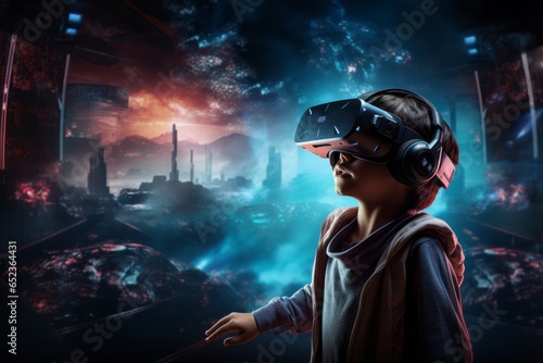 Boy in virtual reality glasses is in the game world. Beautiful illustration picture