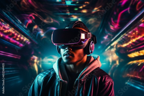 Man in virtual reality glasses is in the game world. Beautiful illustration picture