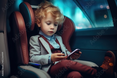 small boy with phone in car