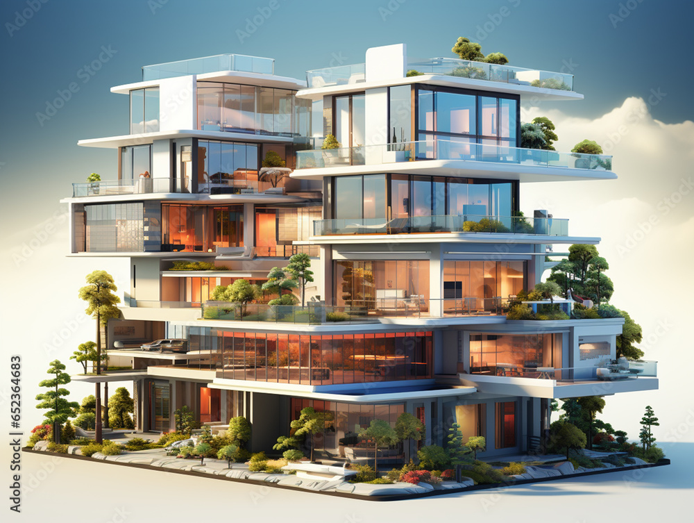 Architecture presentation of a multi-storey modern design mansion. White in color with a minimalist style