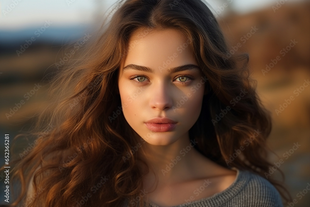 Generative AI portrait of a beautiful stunning young girl walking in a sunny evening countryside backdrop Generative AI portrait of a beautiful stunning young girl walking in a sunny evening countryside backdrop