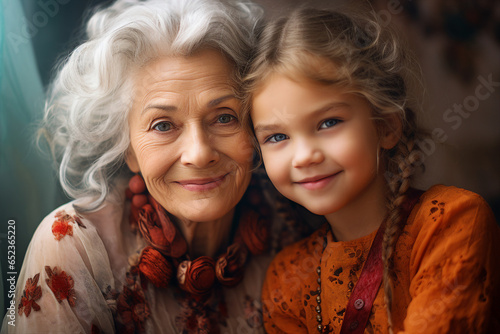 Generative Ai picture of happy beautiful grandma spending time with her family cuddling baby