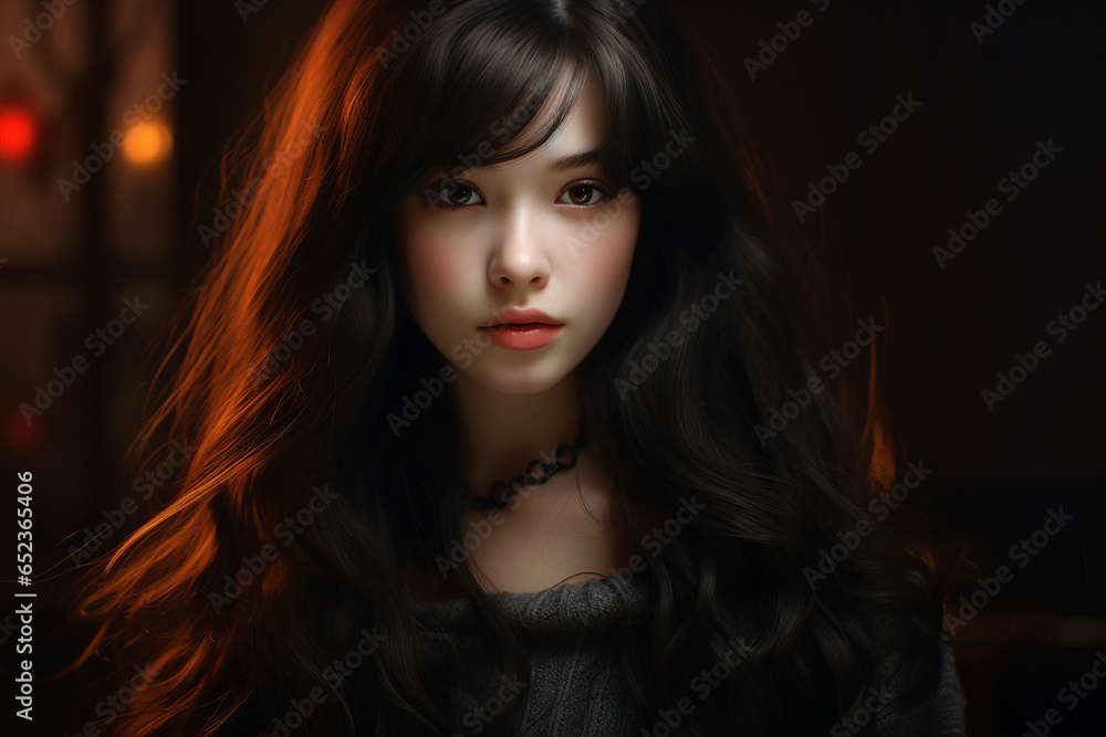 Fototapeta premium Generative Ai portrait of young girl woman brunette hairdo isolated over blurred lights background