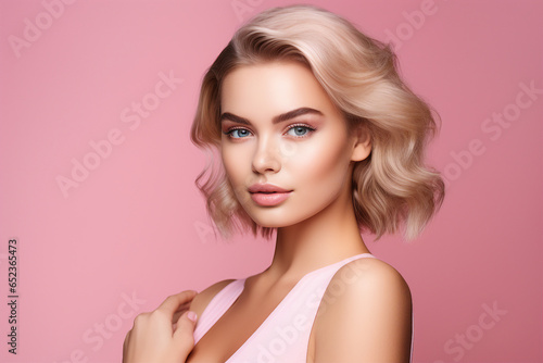 Portrait of beautiful young woman with clean fresh skin on pink background generative Ai image