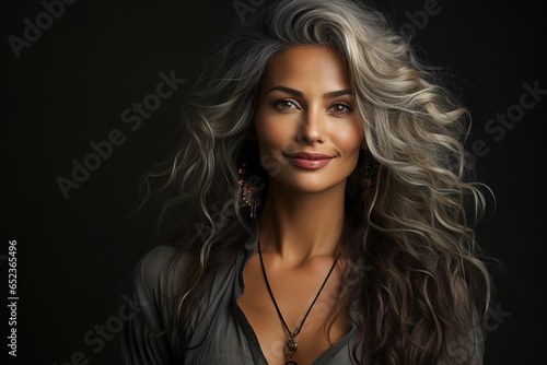 Generative AI picture of adorable elegant lady with long healthy wavy grey color hairdo