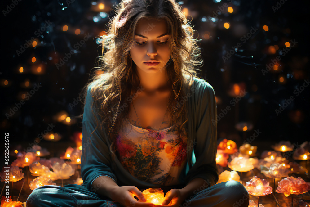 Generative AI image of female person meditating enjoying calmness atmosphere Generative AI image of female person meditating enjoying calmness atmosphere