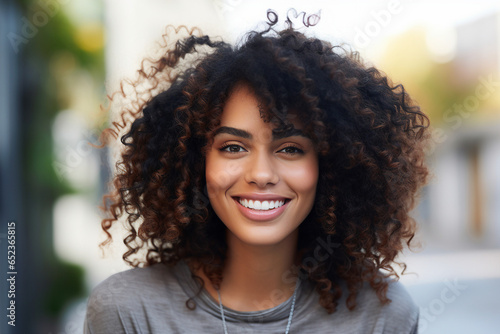 Generative AI picture of beautiful young woman afro volume hair style in the street sunny day