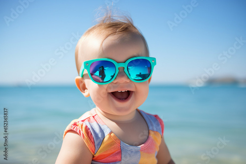 Photography of a cheerful positive kid having fun sunny day playing big eyeglasses generative AI