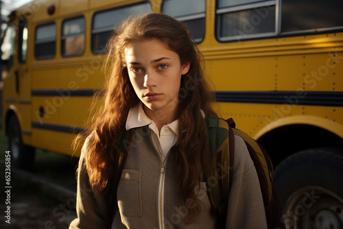 Generative AI photo of young girl with a schoolbag back to school near a school bus on a sunny autumn day