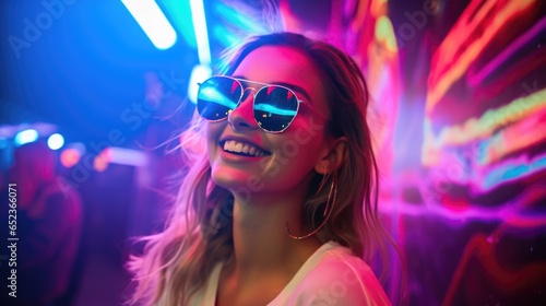 Portrait of a stylish young girl with blond hair in glasses over neon light background at disco party.