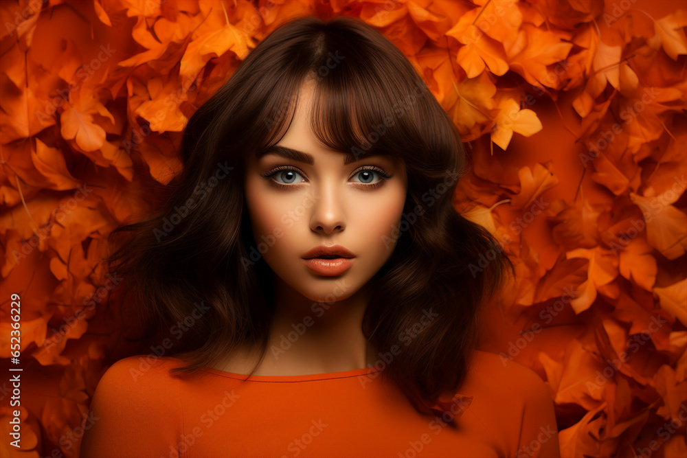 Generative Ai illustration of stunning woman surrounded by dry foliage autumn decorations background Generative Ai illustration of stunning woman surrounded by dry foliage autumn decorations background