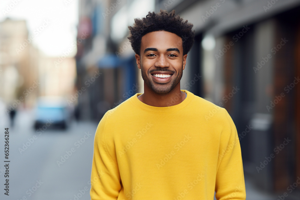 Portrait made with generative AI of a handsome cheerful stylish guy walking in the city Portrait made with generative AI of a handsome cheerful stylish guy walking in the city