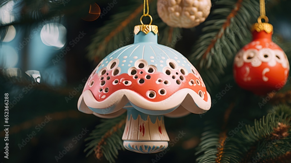 Wooden mushroom retro Christmas toy. Fungal Home Decor Aesthetic