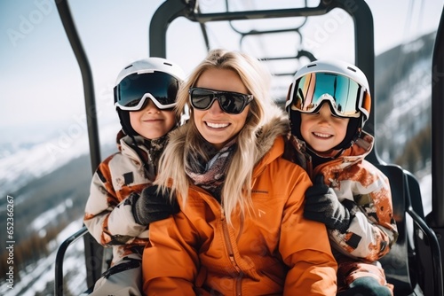 Mother with kids sitting on a ski lift