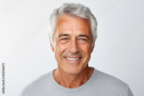 Generative AI picture of cheerful man after whitening teeth procedure in dental clinic isolated on white background