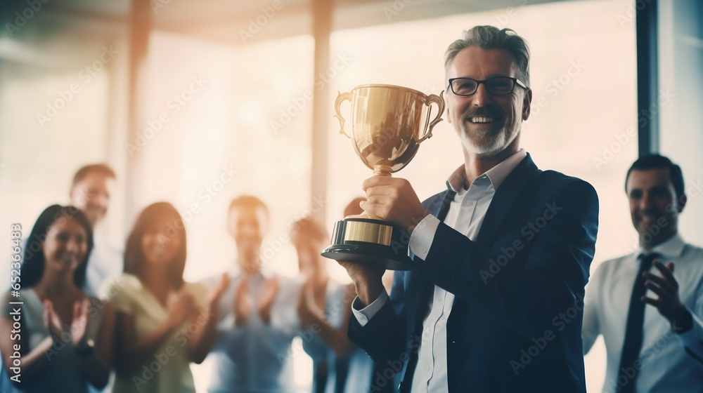Man Holding Golden Prize Cup at Business Team Meeting. Generative ai - obrazy, fototapety, plakaty 