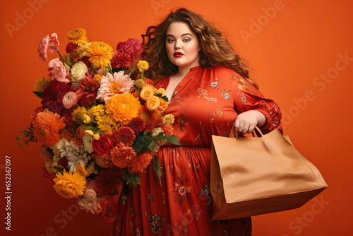 eine mollige Frau mit Einkaufstüten und Blumen, a chubby woman with shopping bags and flowers photo