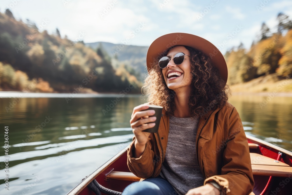 Smiling, carefree woman drinking coffee in canoe on sunny mountain lake