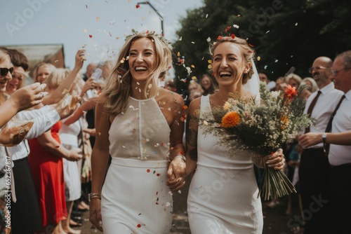 Two women celebrating at their LGBTQI + wedding in the North East of England. They are both holding flowers and hands, walking through their guests laughing while everybody throws confetti.