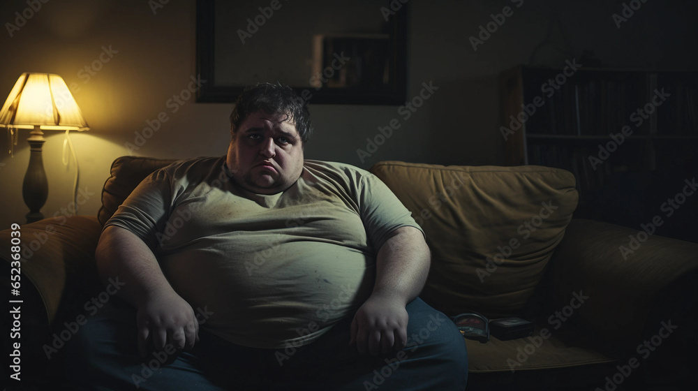 an overweight man sitting on the sofa
