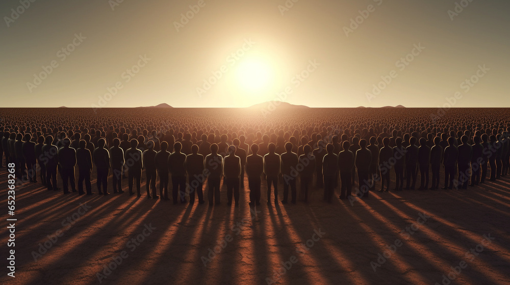 A man stands among a crowd of people and looks into the distance at the sunset. AI Generated