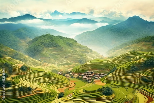 Terraced rice field in harvest season
