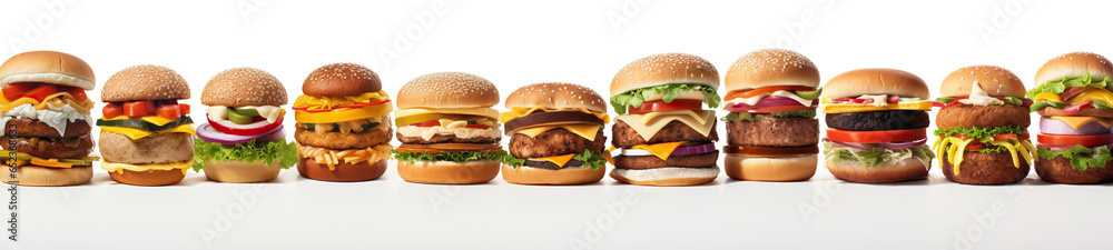 Set of different tasty burgers on white background Set of different tasty burgers on white background