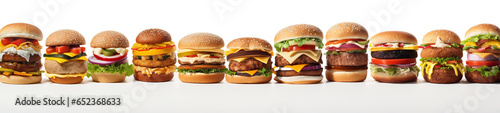 Set of different tasty burgers on white background