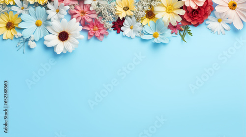 summer flower flat lay frame on blue background with copy space