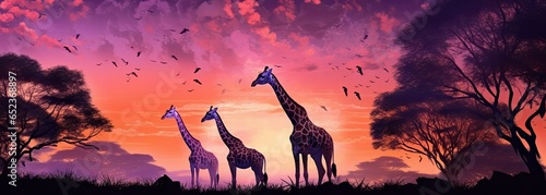 Panorama silhouette Giraffe family and tree in africa with sunset