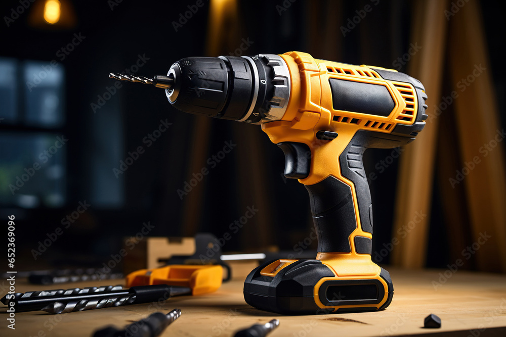 Yellow rechargeable and cordless drill on a wooden table