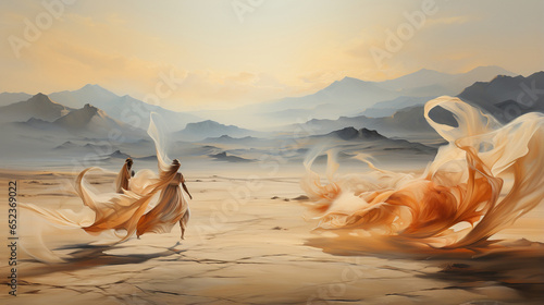 desert woman with floating light dresses in the desert