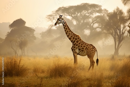 A giraffe eats acacia leaves in the wild African savannah