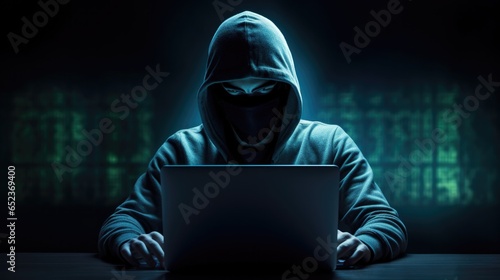 Anonymous hacker in black mask and hoodie. Obscured dark face using laptop computer for cyber attack, darknet and cyber security concept.
