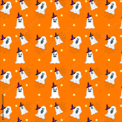 Volumetric Halloween pattern with ghosts, hat and cobweb on a orange background