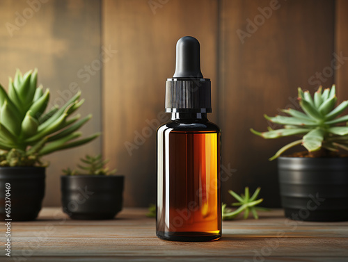 Vials of serum for skin care of female face with essential oil top view. Cosmetic moisturizer for skin on wooden table background