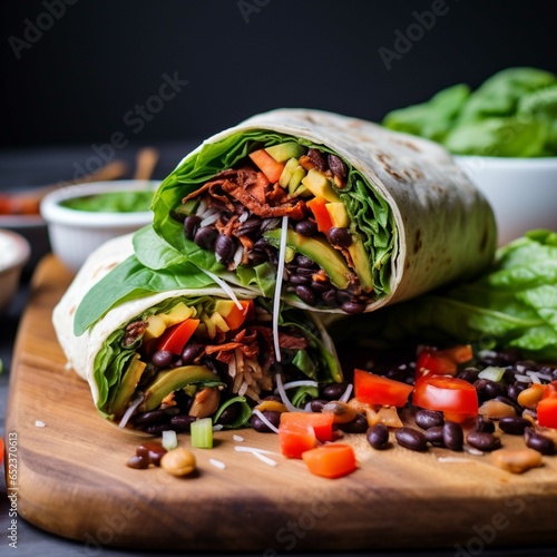 Burritos wraps with meat, vegetables and beans on a dark background