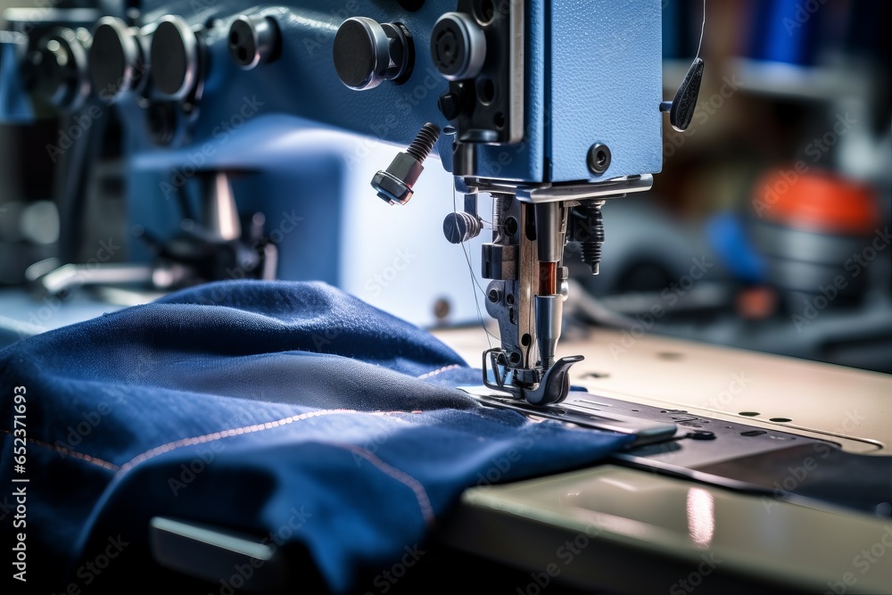 Close up de maquina de coser industrial en una fábrica textil.  - obrazy, fototapety, plakaty 