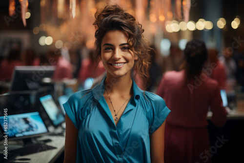 Mujer joven trabajadora junto a su terminal de puesto de trabajo.  photo