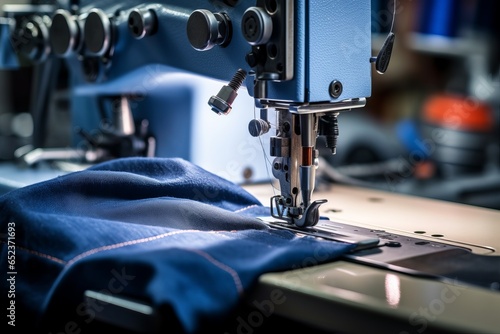 Close up de maquina de coser industrial en una fábrica textil. 