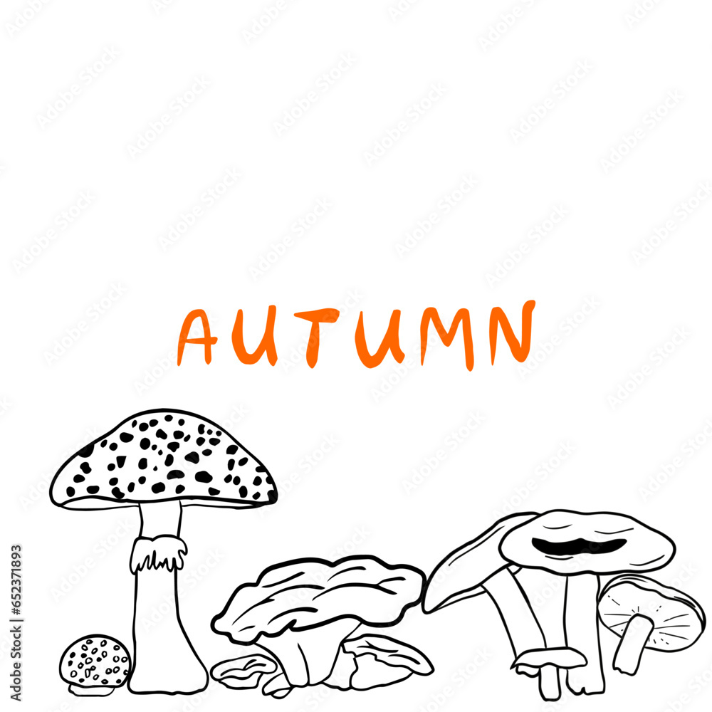 Set of flat black and white mushrooms, on an autumn theme Set of flat black and white mushrooms, on an autumn theme