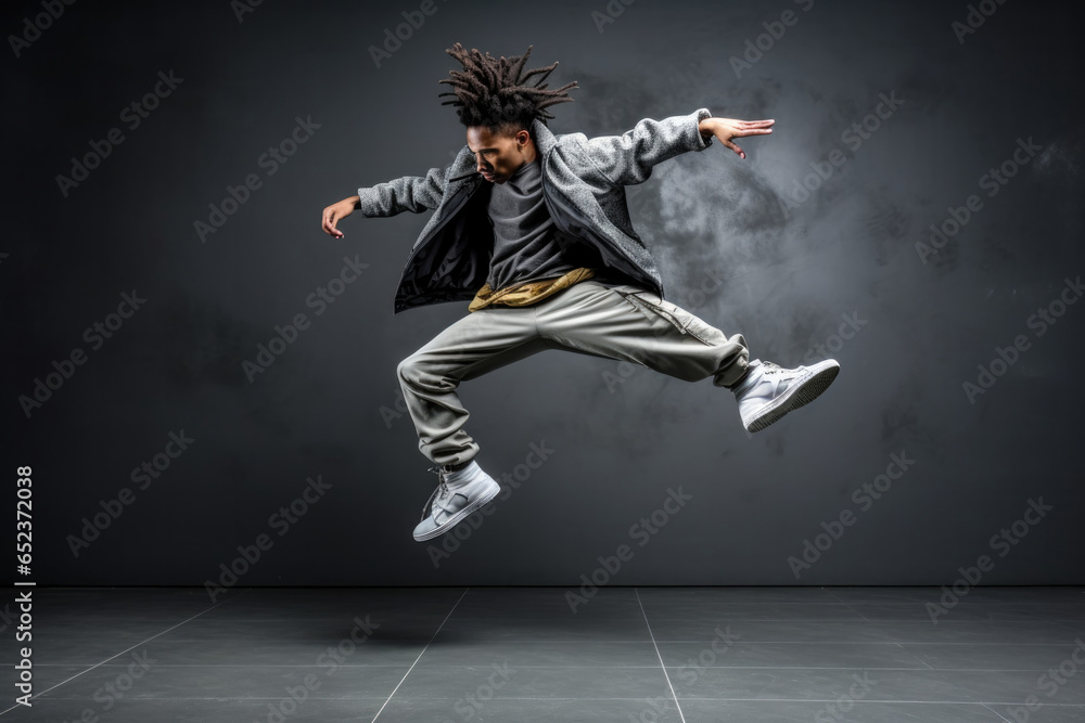 Young male hip hop dancer dancing in front of grey wall in grey clothes - obrazy, fototapety, plakaty 