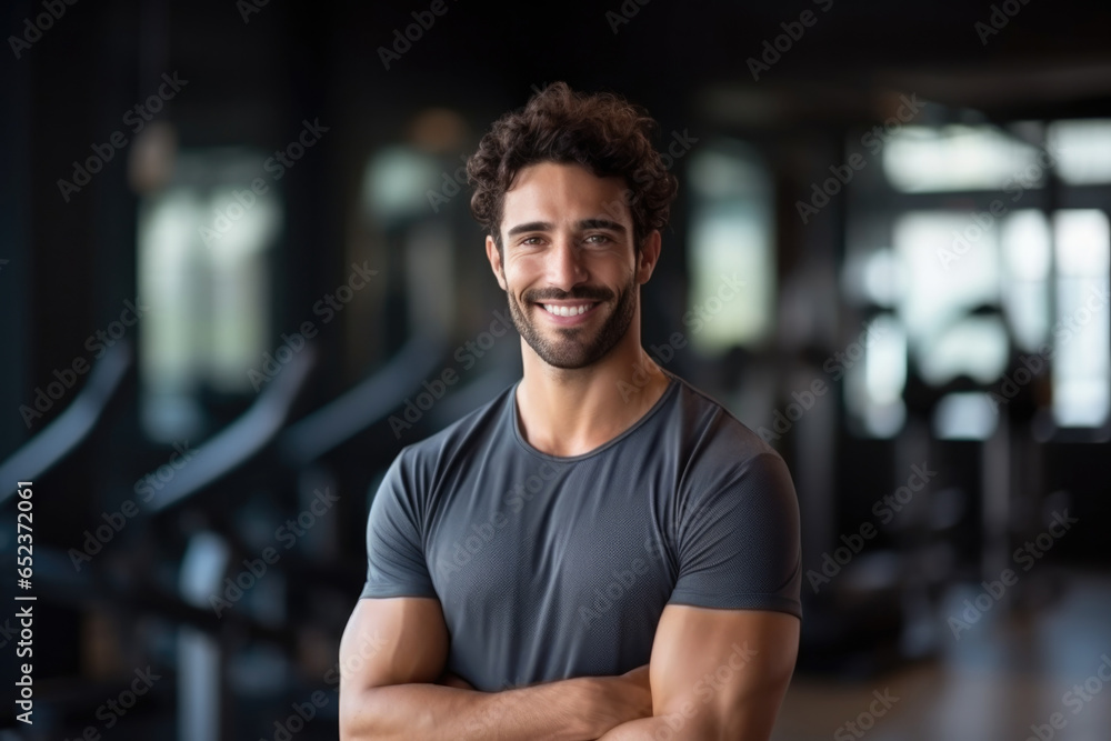 Portrait of smiling handsome young caucasian man posing after training in gym Portrait of smiling handsome young caucasian man posing after training in gym