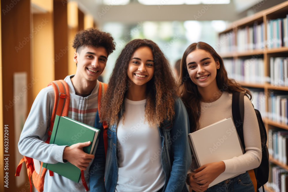 Three happy students with backpack standing near bookshelves at university library looking at camera Three happy students with backpack standing near bookshelves at university library looking at camera