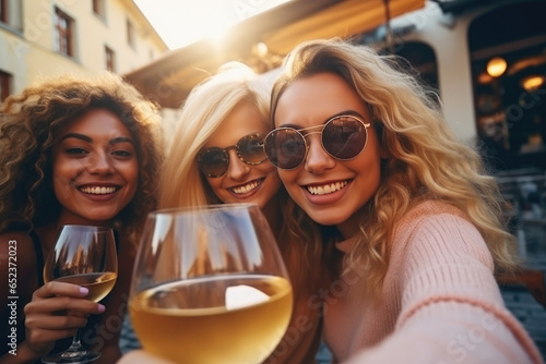 three young women are having a drink and taking selfies outside the restaurant