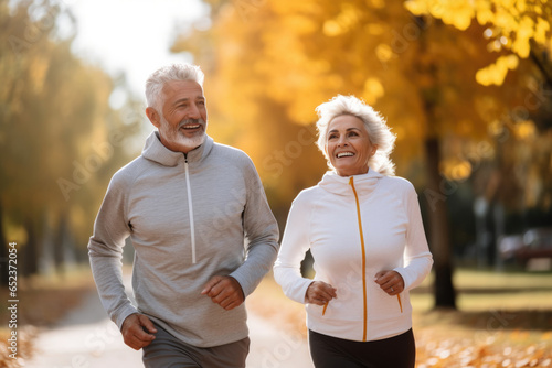 Portrait of an elderly caucasian couple, woman and man in sportswear running in the park