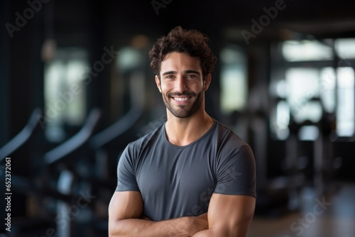 Portrait of smiling handsome young caucasian man posing after training in gym