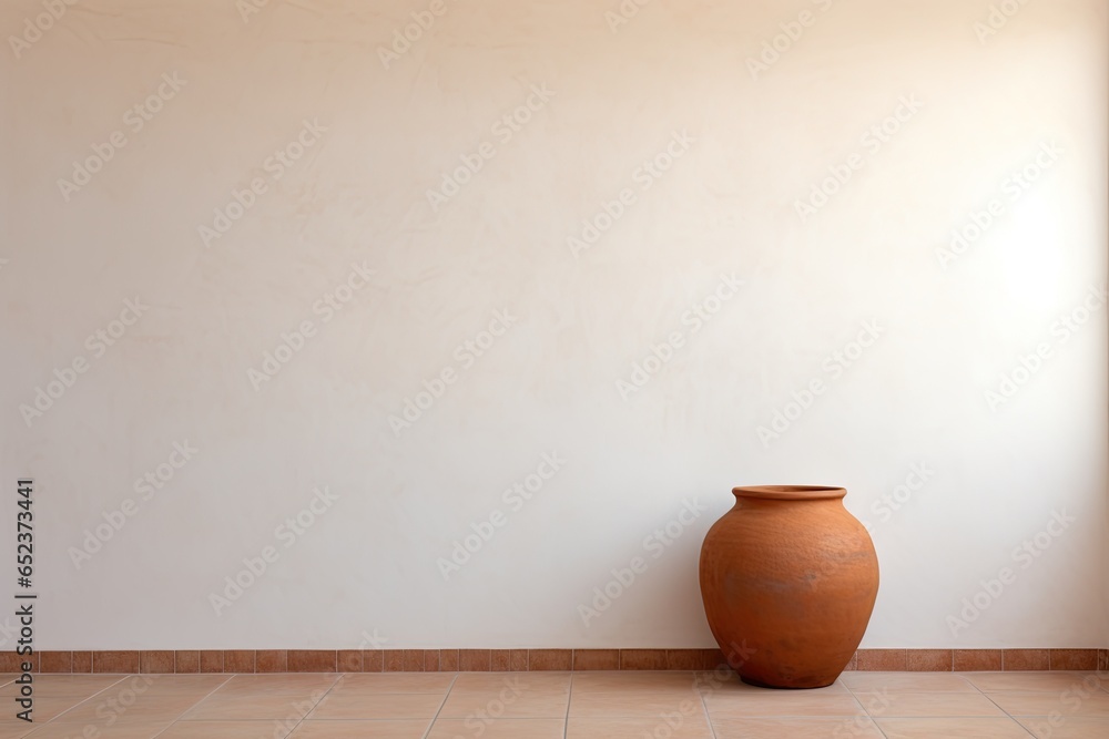 brown clay pot in the corner of a white concrete wall (Generative AI) brown clay pot in the corner of a white concrete wall (Generative AI)